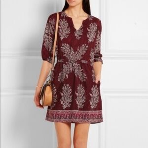 Madewell Silk Lassi Flower Popover Mini Dress Burgundy Boho Floral Size 2